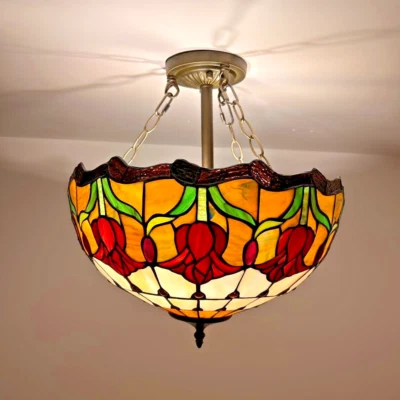 Потолочные светильники в стиле Tiffany из витражного стекла с красными тюльпанами светодиодные лампы 16 дюймов в высоту*16 дюймов в ширину*16 дюймов в ширину - Изображение 1 из 4