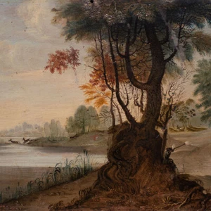 Jagd Jäger Landschaft Wald Wild Barock Monogrammiert AE Öl auf Kupfer 18. Jh. - Bild 1 von 12