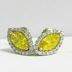 1CT Marquise Lab-Created Yellow Sapphire Studs Earrings 14k White Gold Finish - Picture 1 of 3