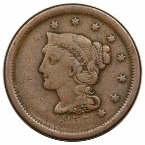 1855 Braided Hair Large Cent, Upright 55, N-4, LDS reverse cuds - Picture 1 of 2