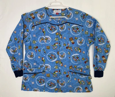 Mary Engelbreit Womens LARGE Scrub Top Jacket Blue Christmas Elves Holiday Snap - Image 1 of 4