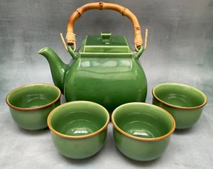 Pottery Barn Asian Square Green Teapot and 4 Tea Cups Set - Picture 1 of 2