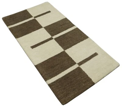 Teppich 100% Wolle 70X140 cm Handarbeit Beige Kaffeefarbe Handgetuftet T1007 - Bild 1 von 4