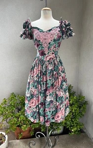 Vintage Jessica McClintock Boho Kleid geblümt grün rosa XS Handmade - Bild 1 von 11