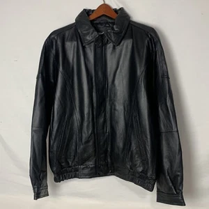 Vintage North Crest Mens Jacket Coat Large Black Leather Bomber Full Zip Lined - Picture 1 of 12