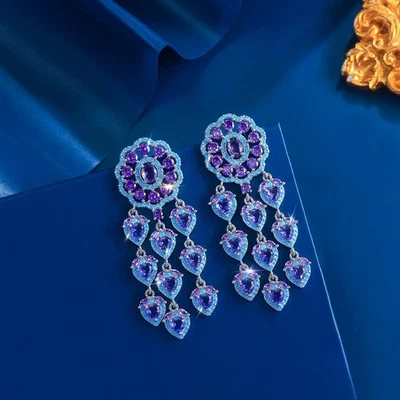 Brincos folheados a prata roxo zircão azul turquesa longo borla lustre gota - Imagem 1 de 4