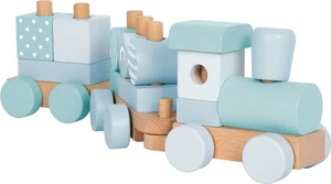 Tren de madera azul, bloques de construcción, juego de enchufes, juego de apilamiento, tren, locomotora y 2 vagones, madera - Imagen 1 de 9