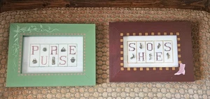 2 Glass Framed Art Handmade Cross Stitch Purse And Shoes with Trinkets - Picture 1 of 3