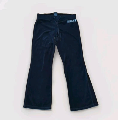 Guess Pants Womens Medium Black Velvet Bling Soft Velour Wide Leg Yoga Y2K - Image 1 of 4