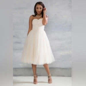 ChiChi Blush Pink Strapless Tulle & Lace Ballerina ModCloth Midi Gown Romantic - Picture 1 of 13