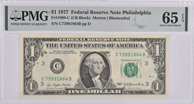 PMG Gem Unc 65 EPQ $1 1977 Philadelphia, PA US Federal Reserve Note Fr#1909-C - Image 1 of 3