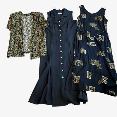 Conjunto de Vestido de Colección Años 80 Miss Dorby 3 Piezas Talla Grande 18 Negro y Caqui Verde #348B Foto 1 de 4