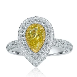 GIA 1.81 CT Fancy Intense Yellow Pear Cut Diamond Engagement Ring 18k White Gold - Picture 1 of 8