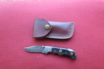 Beautiful Damascus folding blade knife dark bone Stocks leather sheath hand made - Image 1 of 4