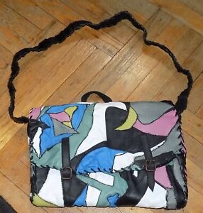 leather laptop bag - handmade -  with green, blue and pink