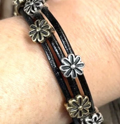 Black leather Slide bracelet with gold silver tone flower slides 7.5” - Image 1 of 4