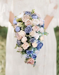Pink Dusty Blue Cascade Bridal Bouquet made of Sola Wood Flowers for Wedding - Picture 1 of 9