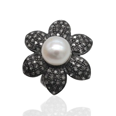 925 Sterling Silver 18k Gold Plated Natural Pearl Diamond Womens Cocktail Ring - Image 1 of 3