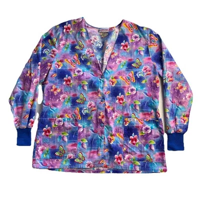 Cherokee Button Up Scrub Jacket Size Large Blue Butterfly Dragonfly Print 13010 - Image 1 of 4