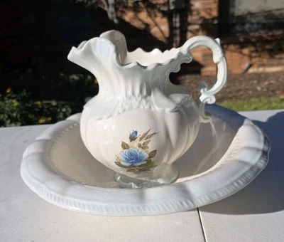 "Jarra y cuenco vintage Arner's Chamber azul blanco 16x14 cuenco jarra de 10""" Foto 1 de 4