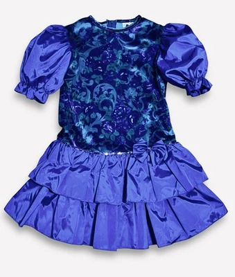 Vintage 80’s Party Dress Purple Teal Velvet Bodice Taffeta Girls Sz 6 USA - Image 1 of 4