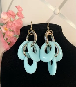 Statement Aqua Blue & Silver Tone Hoop Dangle Earrings P19 - Picture 1 of 5