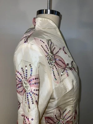 Chinese embroidered sequin cream & pink satin jacket with mandarin collar LARGE - Image 1 of 4