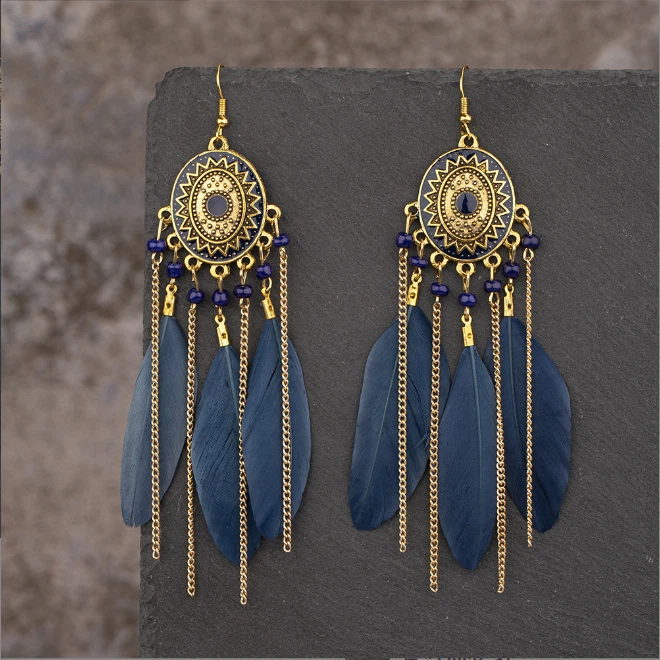 Pendientes BOHO Pluma Cuentas Flecos Borla Bohemio Étnico Cuelga Gota Hechos a Mano Foto 1 de 4