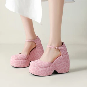Women's Leopard Print Platform Buckle 11CM Very High Block Heels Shoes Round Toe - Picture 1 of 26