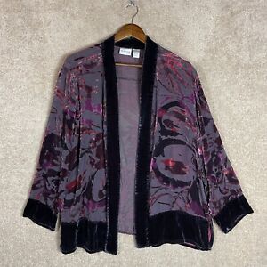 Chico's Kimono Jacket Womens 3 XL Gray/Black Printed Open Front Burnout Velvet