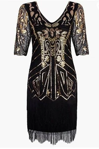 Women's 1920s Style Flapper Dress V Neck Beaded Art Deco Tassel Cocktail Dress - Picture 1 of 4