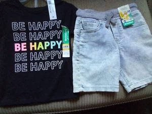Girls Outfit Size 3T, Black S/Sleeve BE HAPPY Top & Blue jean Shorts NWT - Picture 1 of 7