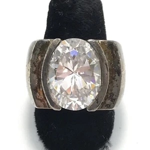 Vintage 925 Sterling Silver & Large Oval Cubic Zirconia Heavy Bold Ring sz 7 - Picture 1 of 13
