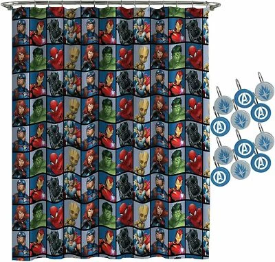 Marvel Avengers Shower Curtain & 12 Piece Hook Set Jay Franco Bathroom Kit New - Image 1 of 4