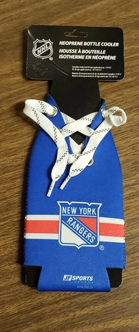 New York Rangers NHL Real Hockey Laces Neoprene Bottle Beer Pop Koozie Cover