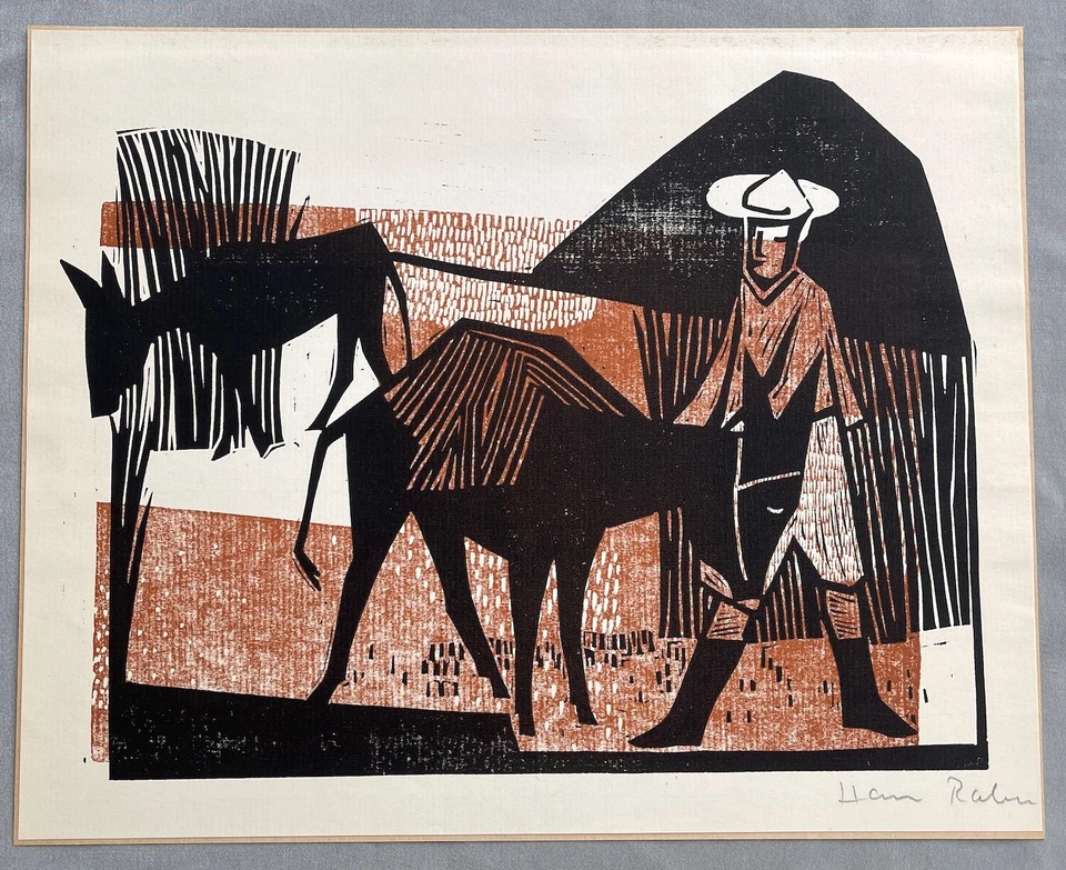 Hans Rahn 1905 - 1991 Linolschnitt Motiv: Mann mit Esel, signiert - Bild 1 von 1