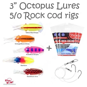 Fish WOW! 25pcs 5-color 3" Fishing 3D Squid Octopus lures + 5/0 rock cod rig NEW - Picture 1 of 13