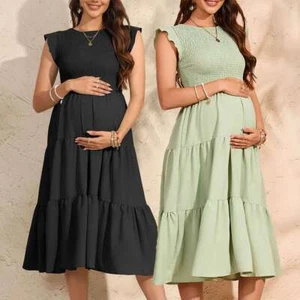 Women's Maternity Loose Fit Short Sleeve Dress Summer Casual Pregnant Midi Dress - Picture 1 of 14