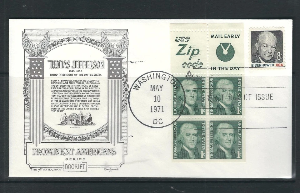 USA SC # 1278b Jefferson FDC Pane of 4 + 2 Labels FDC . Aristocrat Cachet - Image 1 of 1
