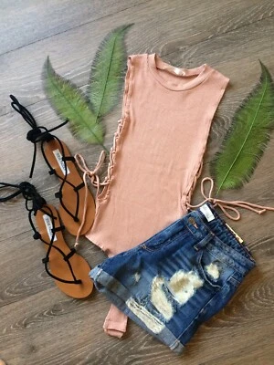 Honey Punch Ribbed Salmon Sexy Bodycon Side Lace Up Body Suit Small NWT Large - Image 1 of 4