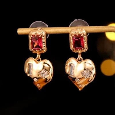 Unique Fire Heart Red Quartz Cubic Zirconia Gemstone Gold Plated Stud Earrings - Image 1 of 4