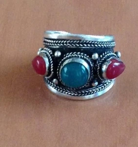 Anillo de coral de piedra de sangre de plata tibetana ajustable - Imagen 1 de 10