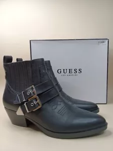 Botines GUESS Cuero Negro Hebilla Plateada Rockabilly Vaquera Occidental Botines - Imagen 1 de 7