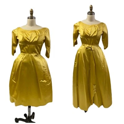VTG 1960s Gold Satin Taffeta Bubble Cocktail Dress w Maxi Overskirt Evening XS - Image 1 of 4