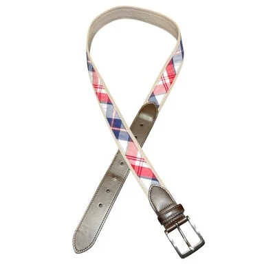 G.H. Bass & Co. Belt Men Size Medium Waist 34"-36” Plaid Fabric Faux Leather EUC - Image 1 of 4