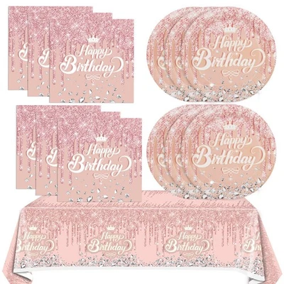41Pcs Rose Gold Birthday Decorations, 20 Plates, 20 Napkins, 1 Tablecloth, Girls - Image 1 of 4