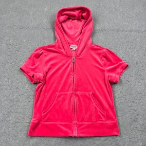 VTG Juicy Couture Track Jacket Womens Medium Pink Terry Bling Short Sleeve Hoody - Picture 1 of 11