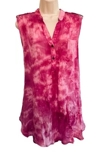 como vintage tunic top raspberry pink tie dye look V neck sleeveless pleated - Picture 1 of 10