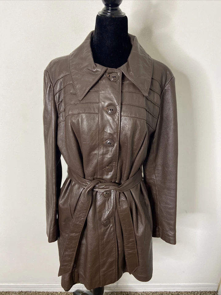 Sears Quebec Woman M/L 70s Brown Leather Chocolate Coat Lined Belted Mod Hipster - Image 1 of 4