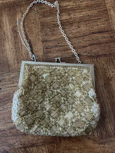 VINTAGE 50-60's Gold Beaded Evening Bag w Chain Strap Hand Made in Hong Kong - Picture 1 of 6
